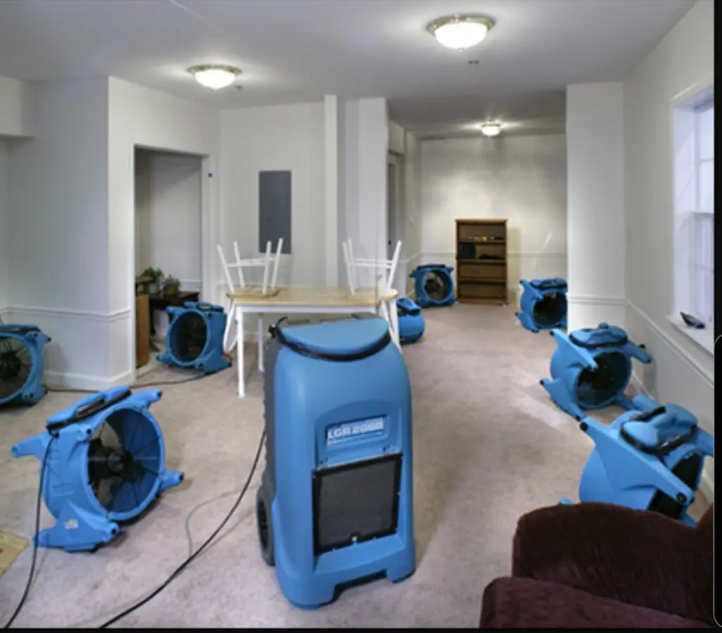 Air movers and dehumidifier setup for Water Damage Restoration in Waltham