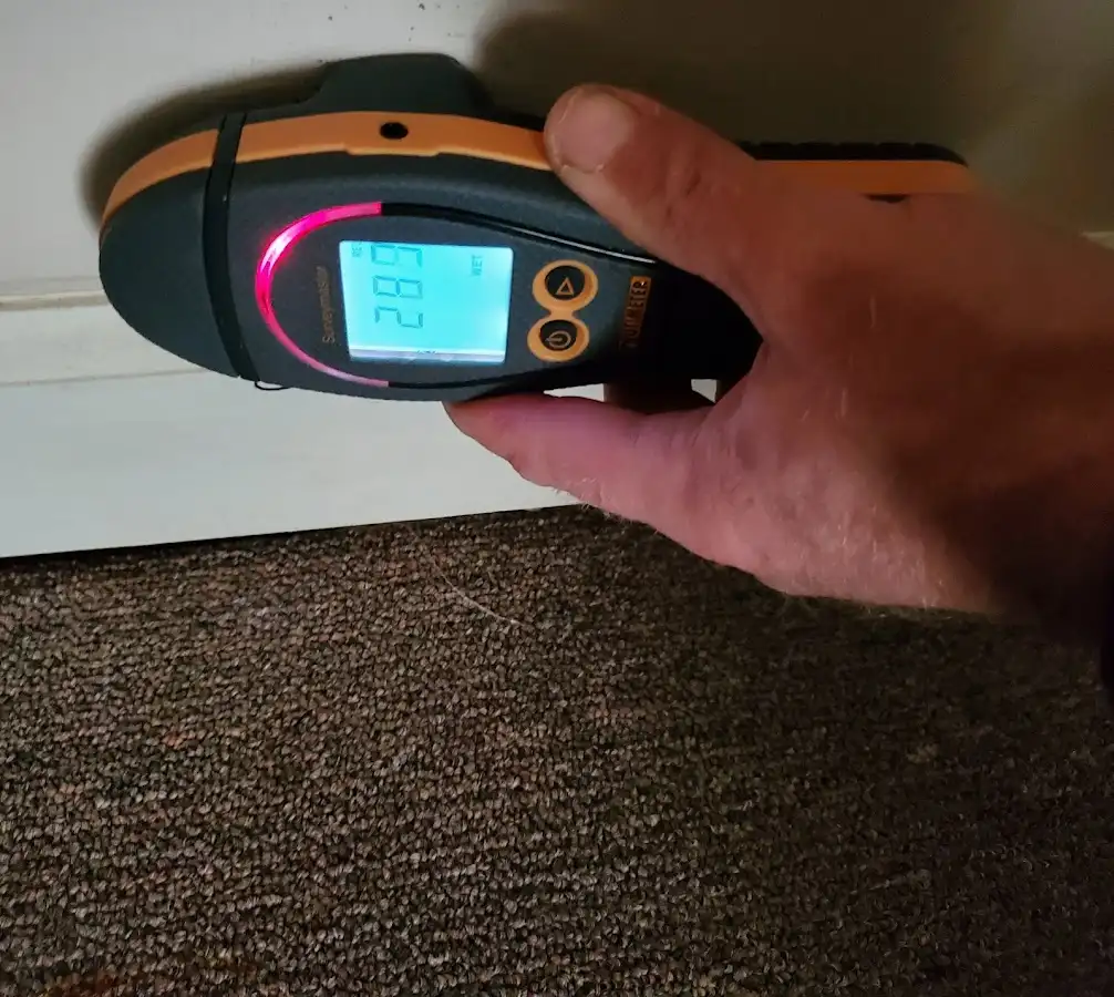 Moisture detection at baseboard during Storm Damage Restoration in Waltham